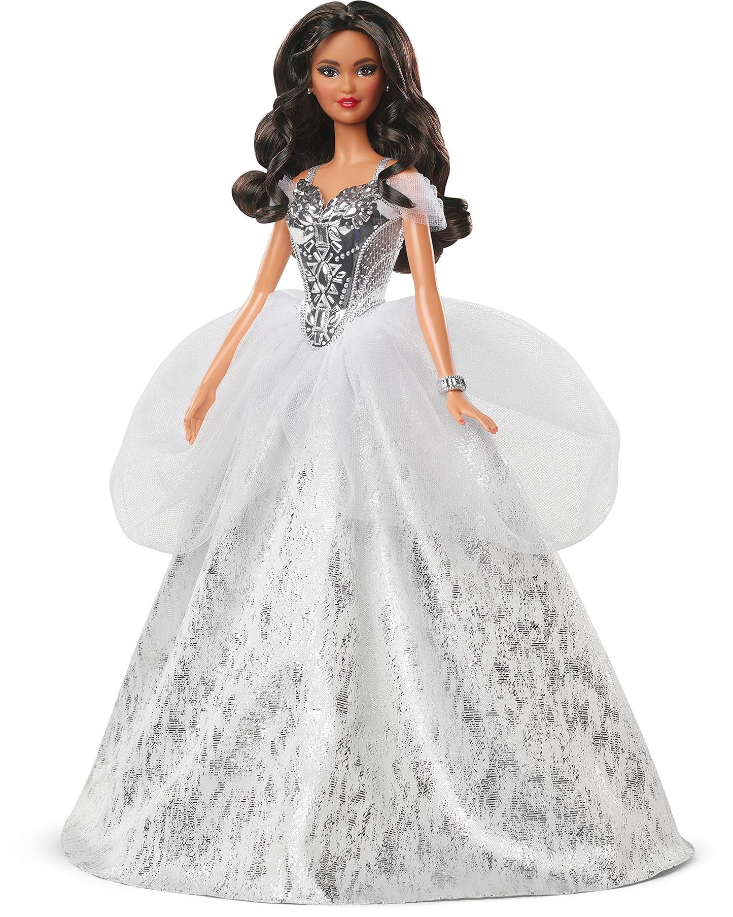 Barbie Signature 2021 Holiday Doll (12-inch, Brunette Hair) in Silver Gown, with Doll Stand and Certificate of Authenticity, Gift for 6 Year Olds and