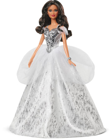Barbie Signature 2021 Holiday Doll (12-inch, Brunette Hair) in Silver Gown, with Doll Stand and Certificate of Authenticity, Gift for 6 Year Olds and