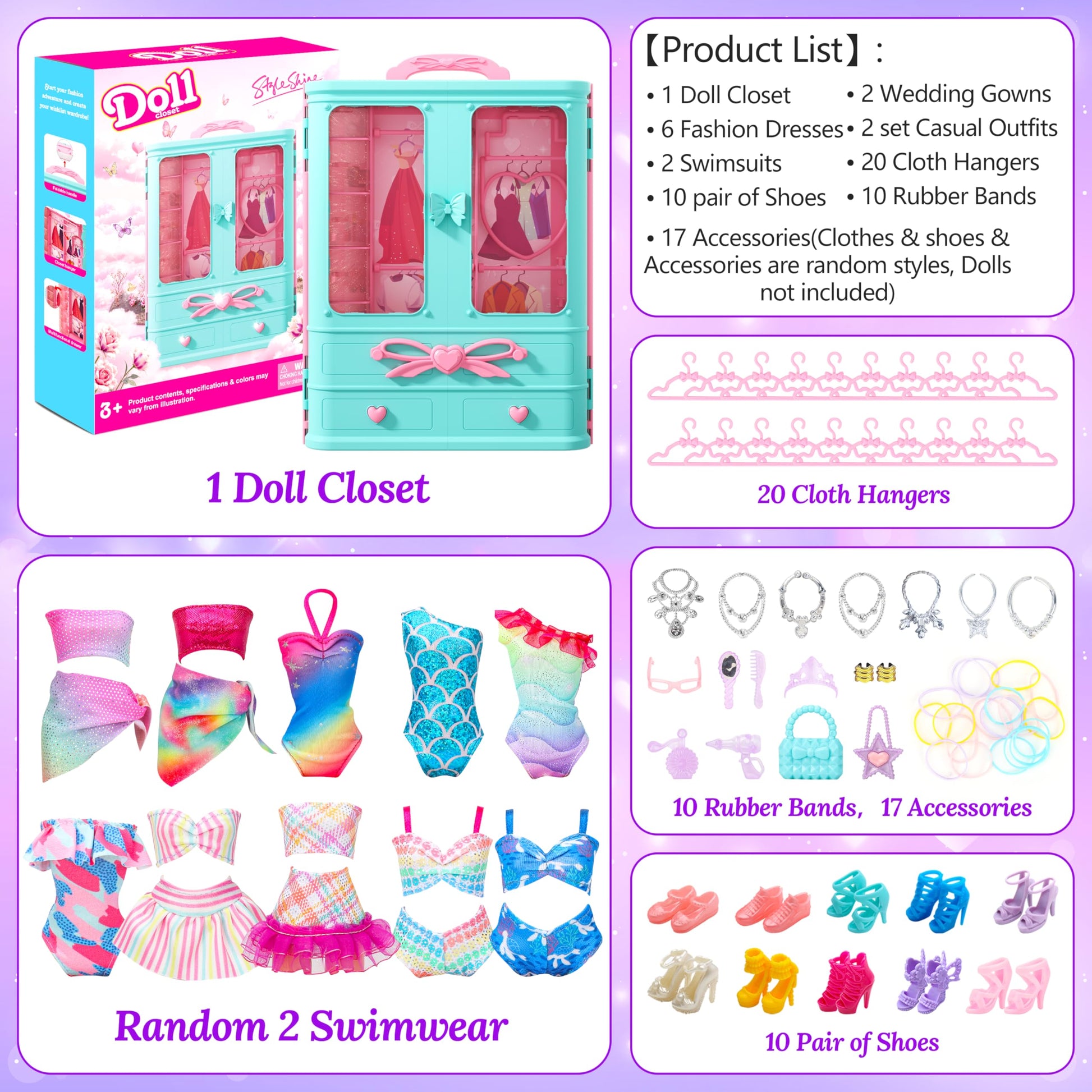 Style Shine 70 Pcs Doll Closet with Clothes & Accessories Including 2 Wedding Gowns 6 Fashion Dresses 2 Casual Outfits 2 Swimsuit 10 Shoes 20 Hangers