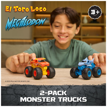 Monster Jam Smash & Bash 2-Pack Monster Trucks, Megalodon & El Toro Loco, 1:64 Die Cast Repairable Monster Truck, Kids Toys for Boy and Girls Ages 3