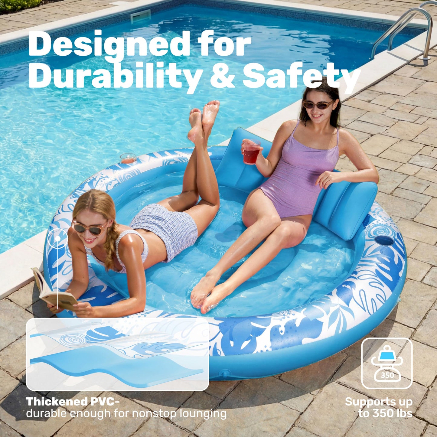 SLOOSH Inflatable Tanning Pool Lounger Float, 72" x 56" Pool Floats Adult with Pillow, 4 in 1 Round Suntan Tub Raft Floatie,Sunbathing Bed Lounge