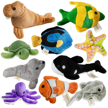 PREXTEX 10 Piece Plush Soft Stuffed Sea Animals - Small Stuffed Animals Bulk - Playset Plush Assortment, Turtle, Stingray, Nemo Fish, Killer Whale