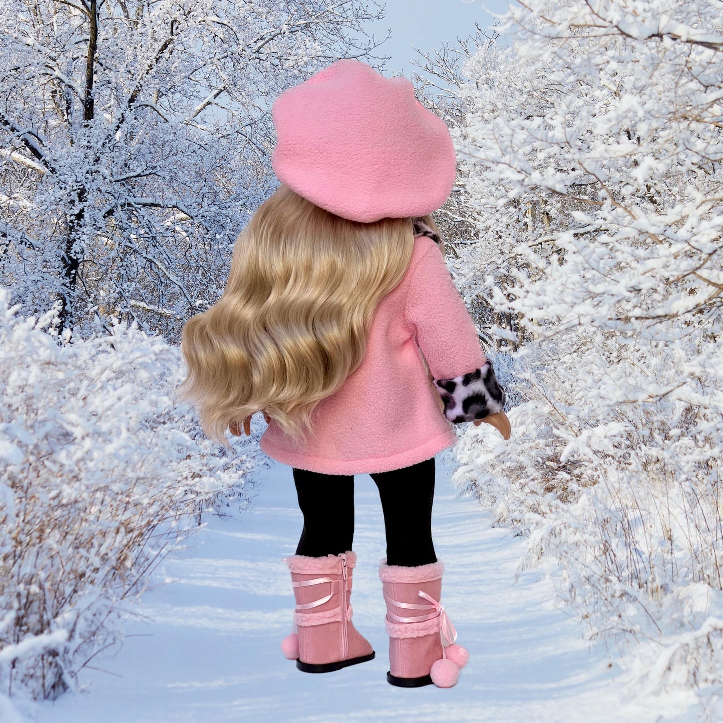 Elegance - 4 Piece 18 inch Doll Outfit - Pink Fleece Coat, Matching Hat, Brown Pants and Sherpa Boots - (Doll Not Included)