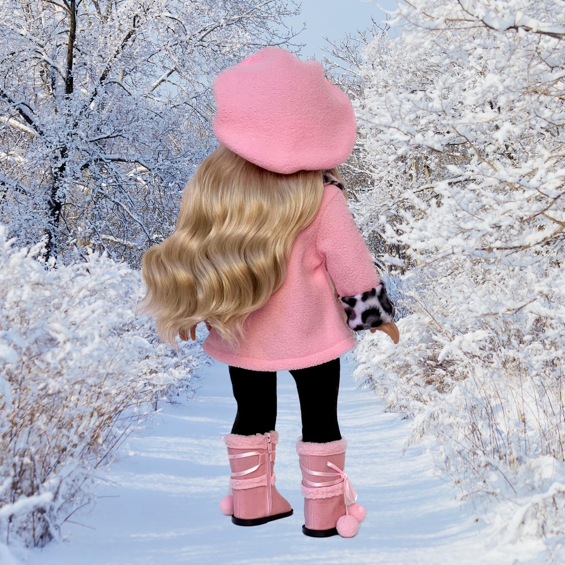 Elegance - 4 Piece 18 inch Doll Outfit - Pink Fleece Coat, Matching Hat, Brown Pants and Sherpa Boots - (Doll Not Included)