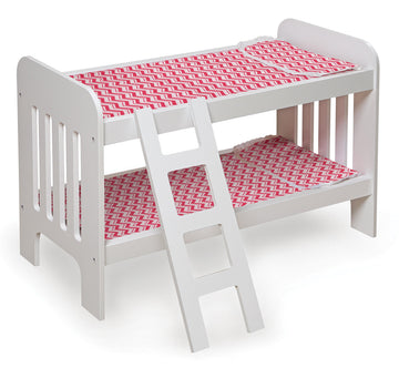 Badger Basket Chevron Doll Bunk Bed with Bedding, Ladder, and Padded Mats - Ideal for Dolls Up to 20 Inches in White and Pink