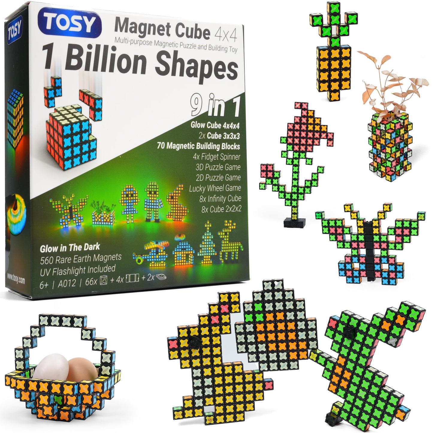 TOSY Magnet Cube 4x4 - 560 Magnets, 70 Blocks, 8 in 1 Toy: Puzzle Cube Game, Creative Building Blocks, Transformable Fidget Spinner, Infinity Cube