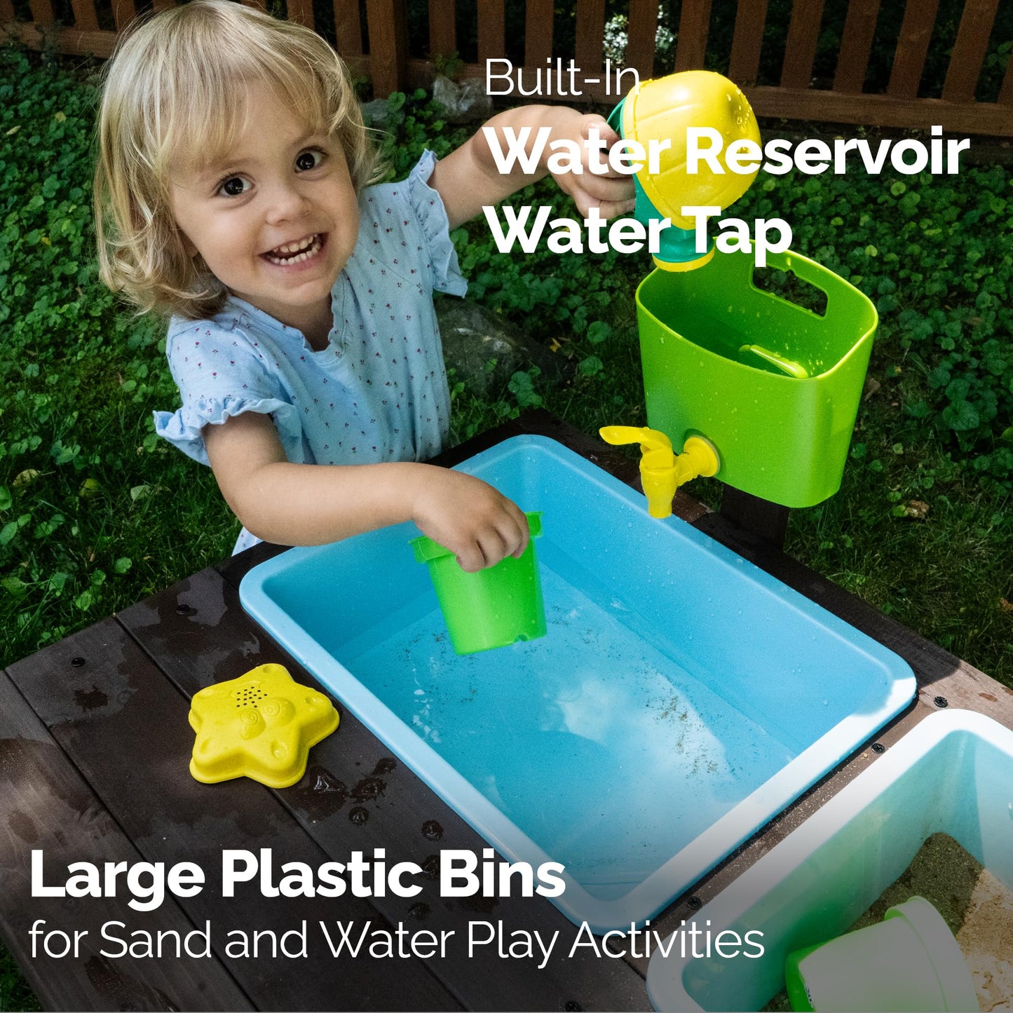 WONKAWOO Sand and Water Table for Toddlers | Outdoor Wooden Sensory Sand Table with 2 Plastic Bins, Built-in Water Tap and Beach Toys Included | Sand