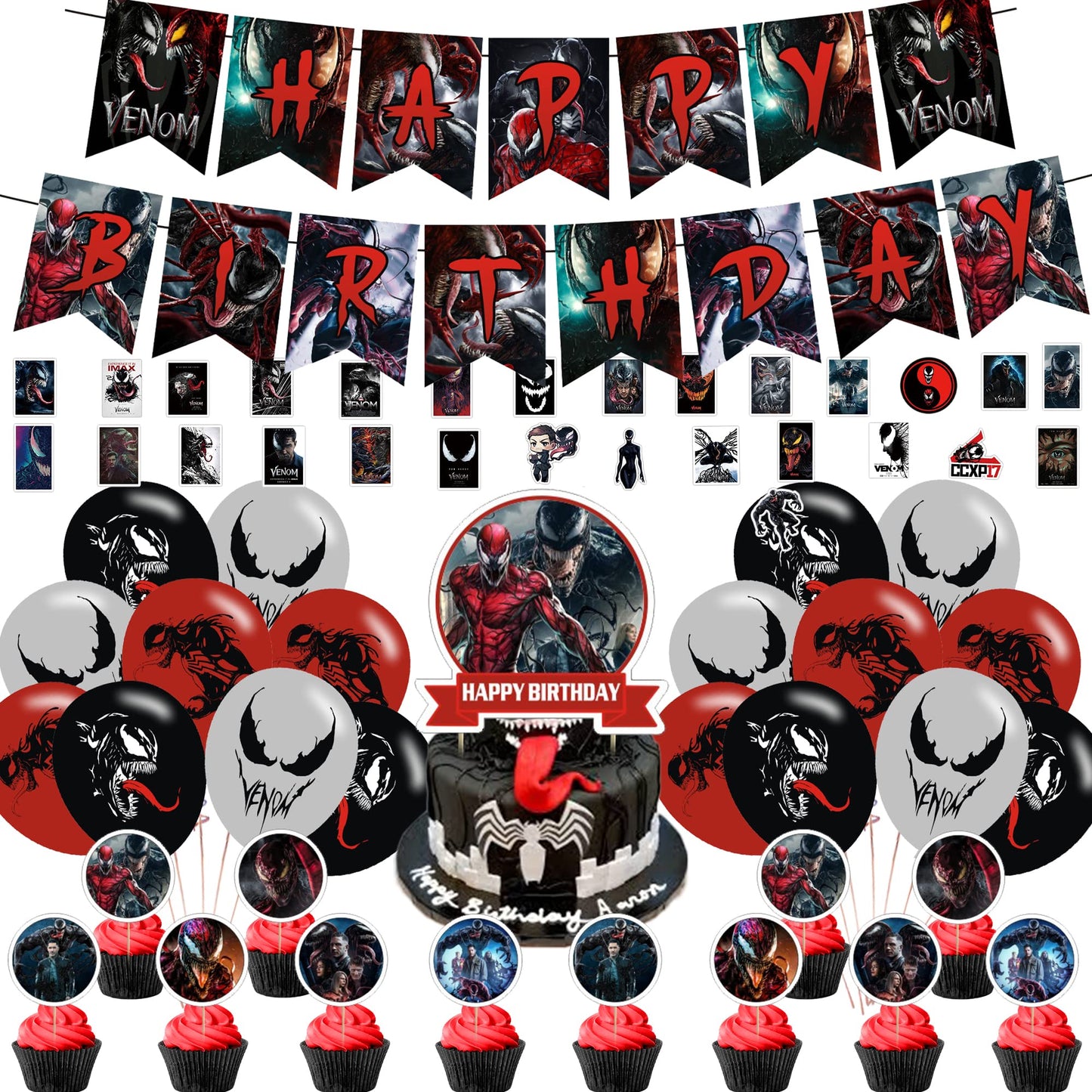 DZZK Venom 2 Party Decorations, Venom 2 Birthday Party Supplies - Includes Banner, Cake Toppers, Cupcake Toppers, Balloons, Stickers - Red, Cartoon
