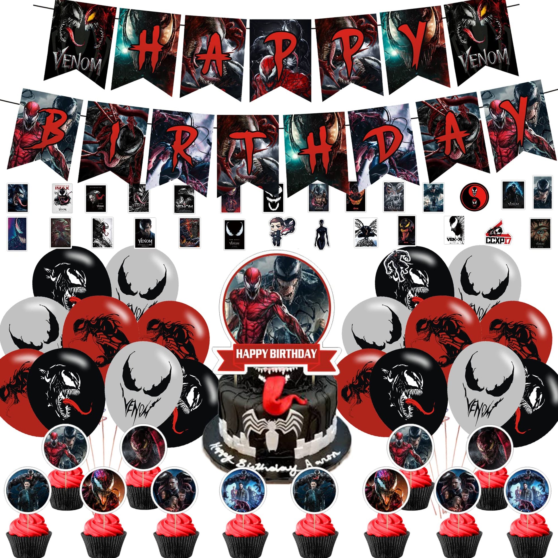 DZZK Venom 2 Party Decorations, Venom 2 Birthday Party Supplies - Includes Banner, Cake Toppers, Cupcake Toppers, Balloons, Stickers - Red, Cartoon
