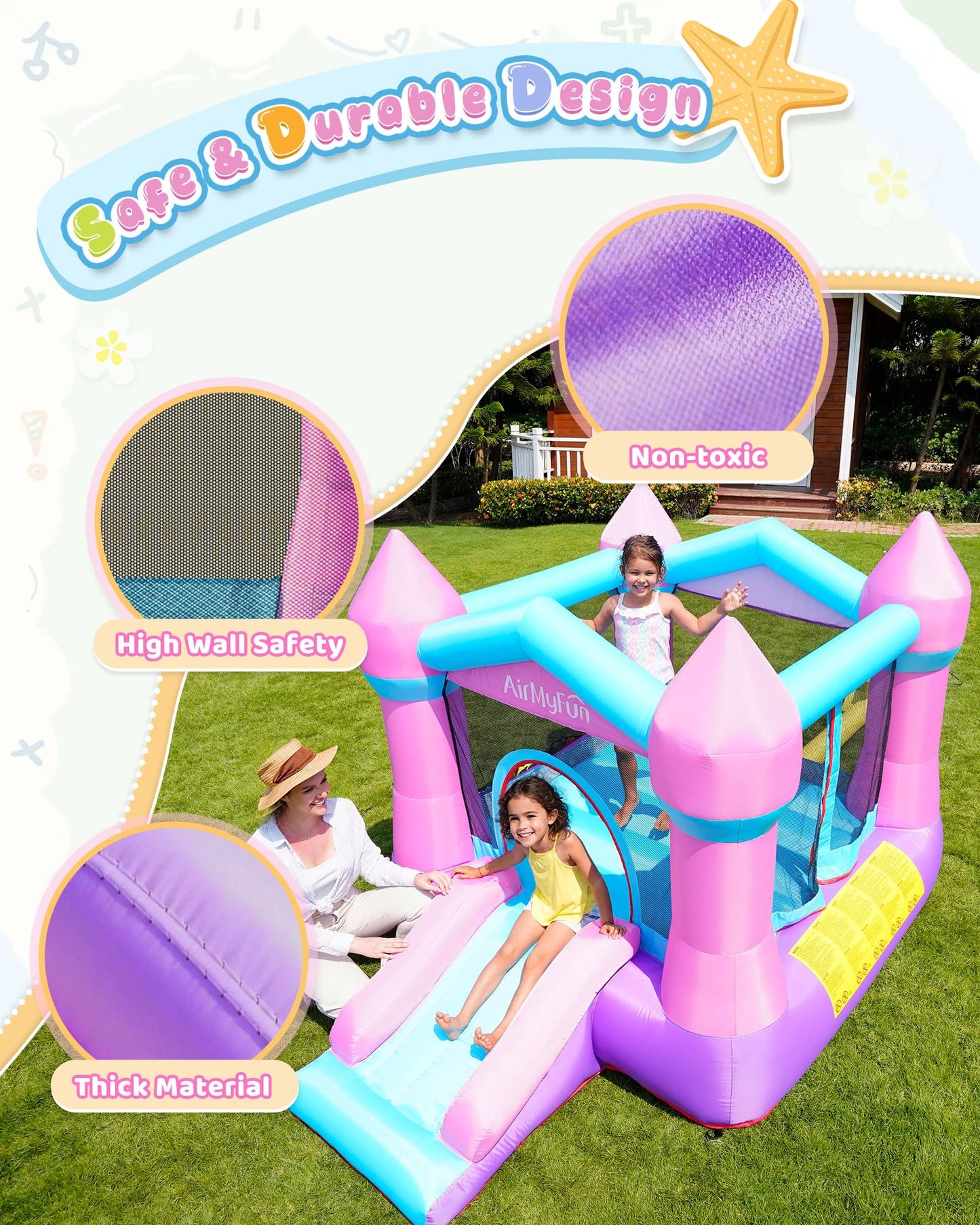 AirMyFun Pink Inflatable Toddler Bounce House with Blower, Indoor/Outdoor Jumping Castle for Kids 3-8, Inflatable Bouncy House with Slide, 82011B