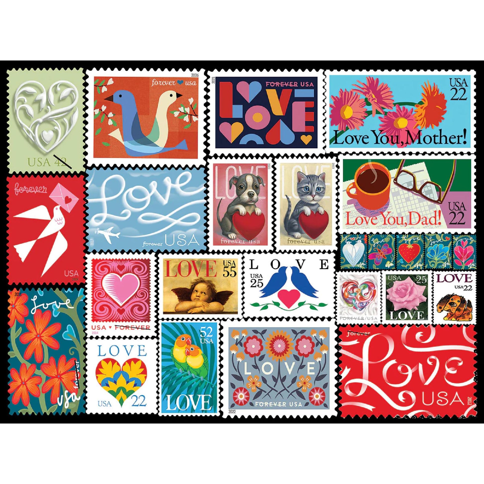 White Mountain 500 Piece Jigsaw Puzzle Valentine's day Collage Puzzle with Large Pieces Gift for Adults and Family 18” x 24” - Love Stamps 2