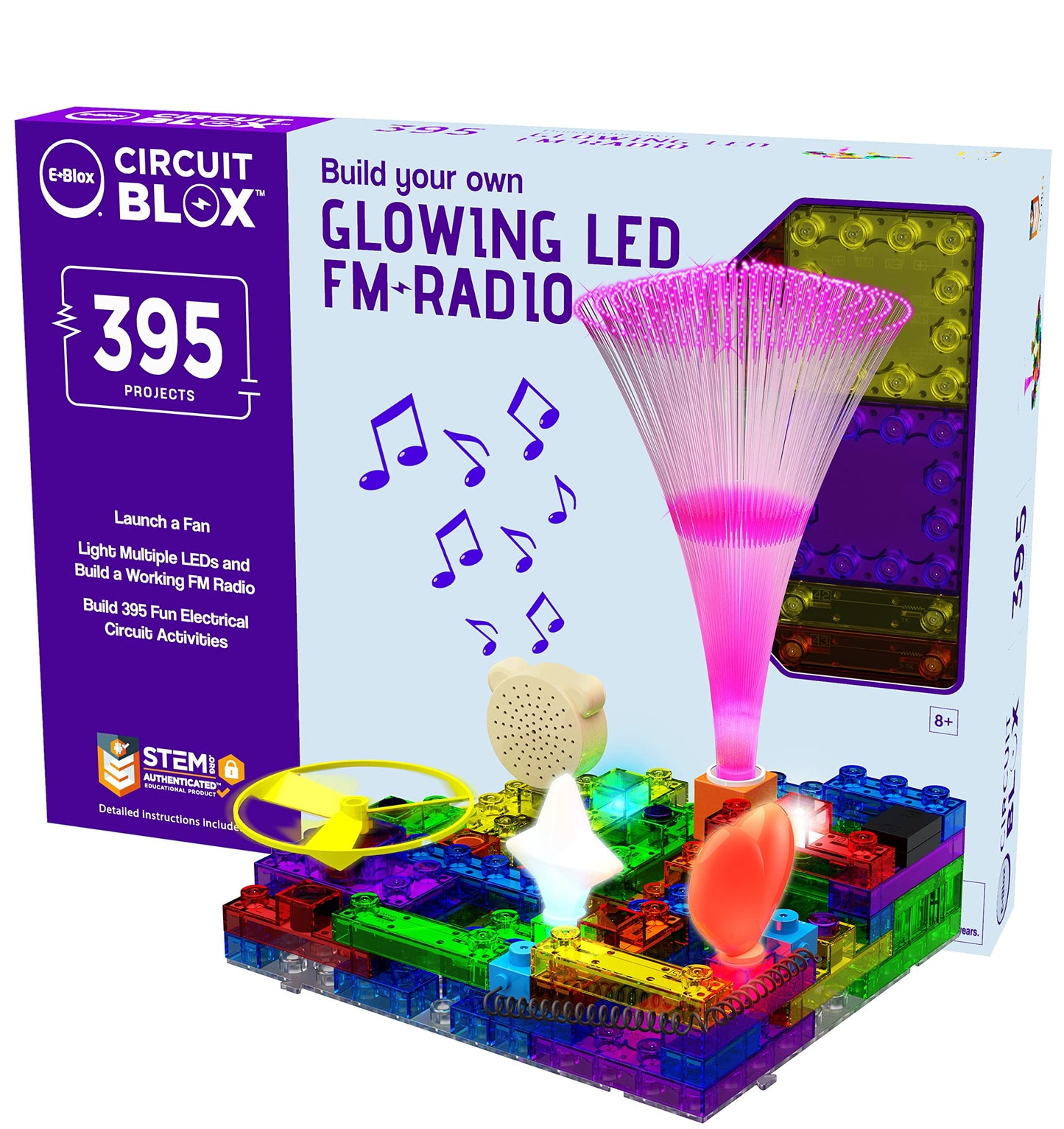 E-BLOX Build Your Own Glowing LED FM Radio Kit, 395 Fun STEM Electrical Science Projects, Building Blocks Circuit Toy Set for Kids, Birthday Gift