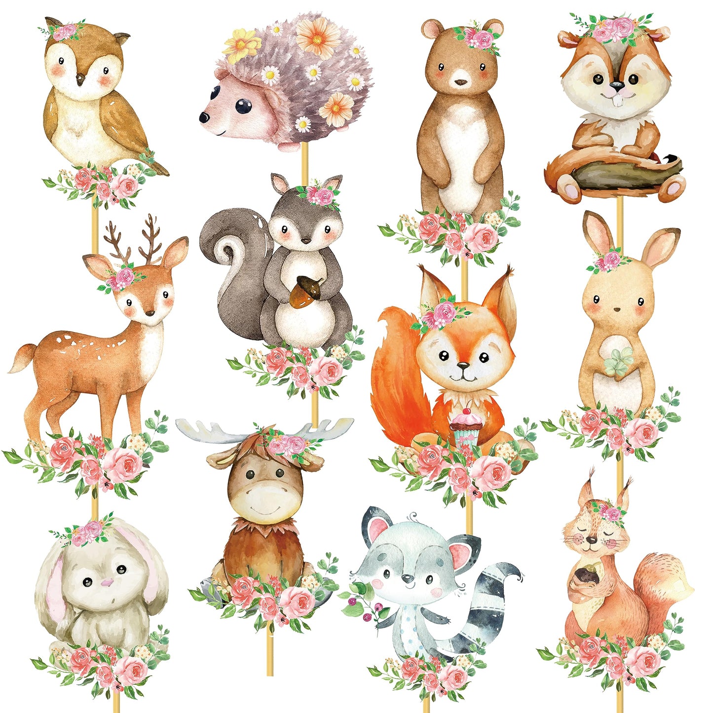 Woodland Party Centerpieces Decoration 24pcs Floral Woodland Animal Table Toppers for Woodland Baby Shower Centerpieces Decoration Forest Animal