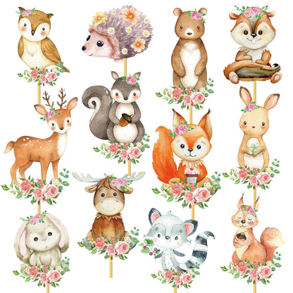 Woodland Party Centerpieces Decoration 24pcs Floral Woodland Animal Table Toppers for Woodland Baby Shower Centerpieces Decoration Forest Animal