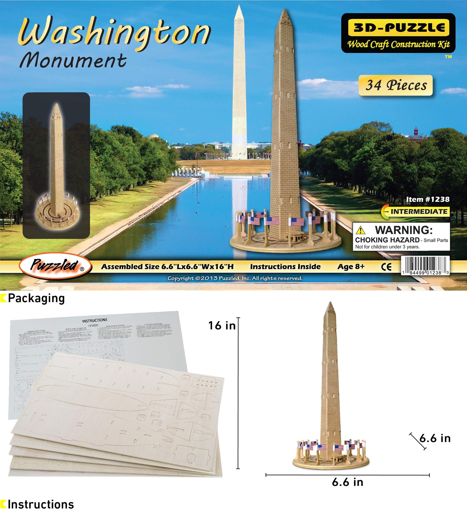 Puzzled 3D Puzzle Washington Monument Wood Craft Construction Model Kit, Educational DIY Wooden Toy Assemble Model Unfinished Crafting Hobby Puzzle