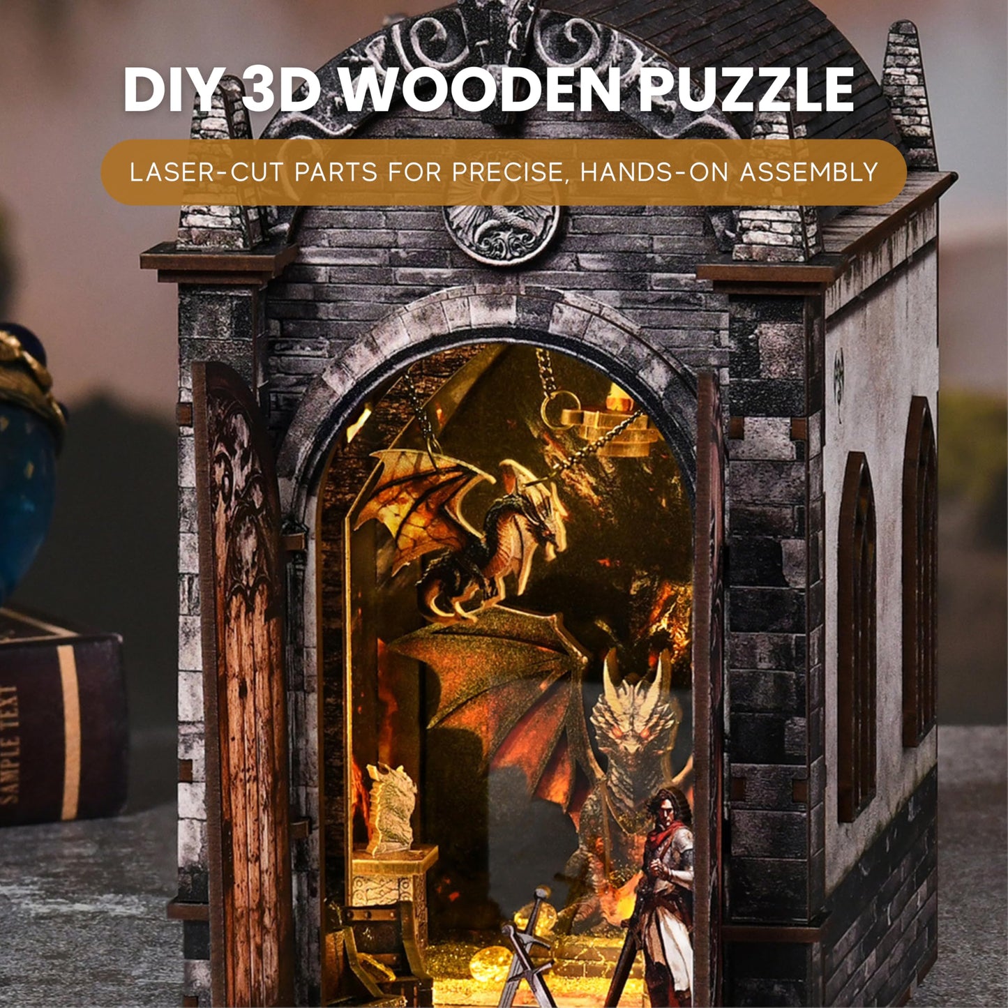 DIY Book Nook Kit, Dragons Treasure Labyrinth Miniature House Kit for Adults - 3D Wooden Puzzle Bookshelf Insert with LED Light, Touch Switch