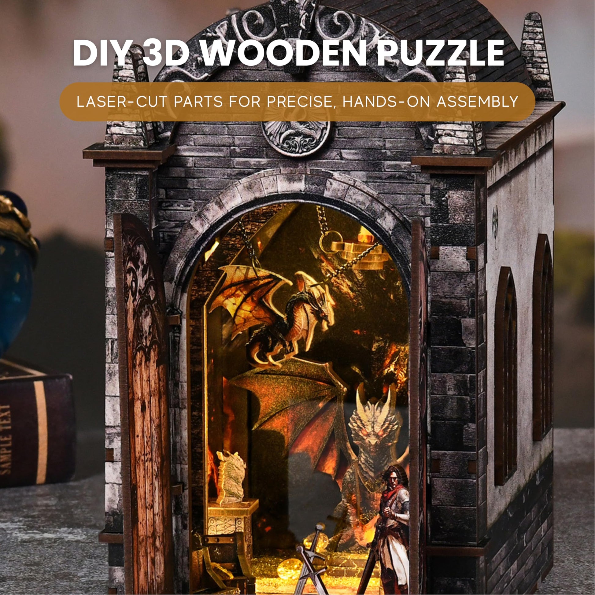 DIY Book Nook Kit, Dragons Treasure Labyrinth Miniature House Kit for Adults - 3D Wooden Puzzle Bookshelf Insert with LED Light, Touch Switch