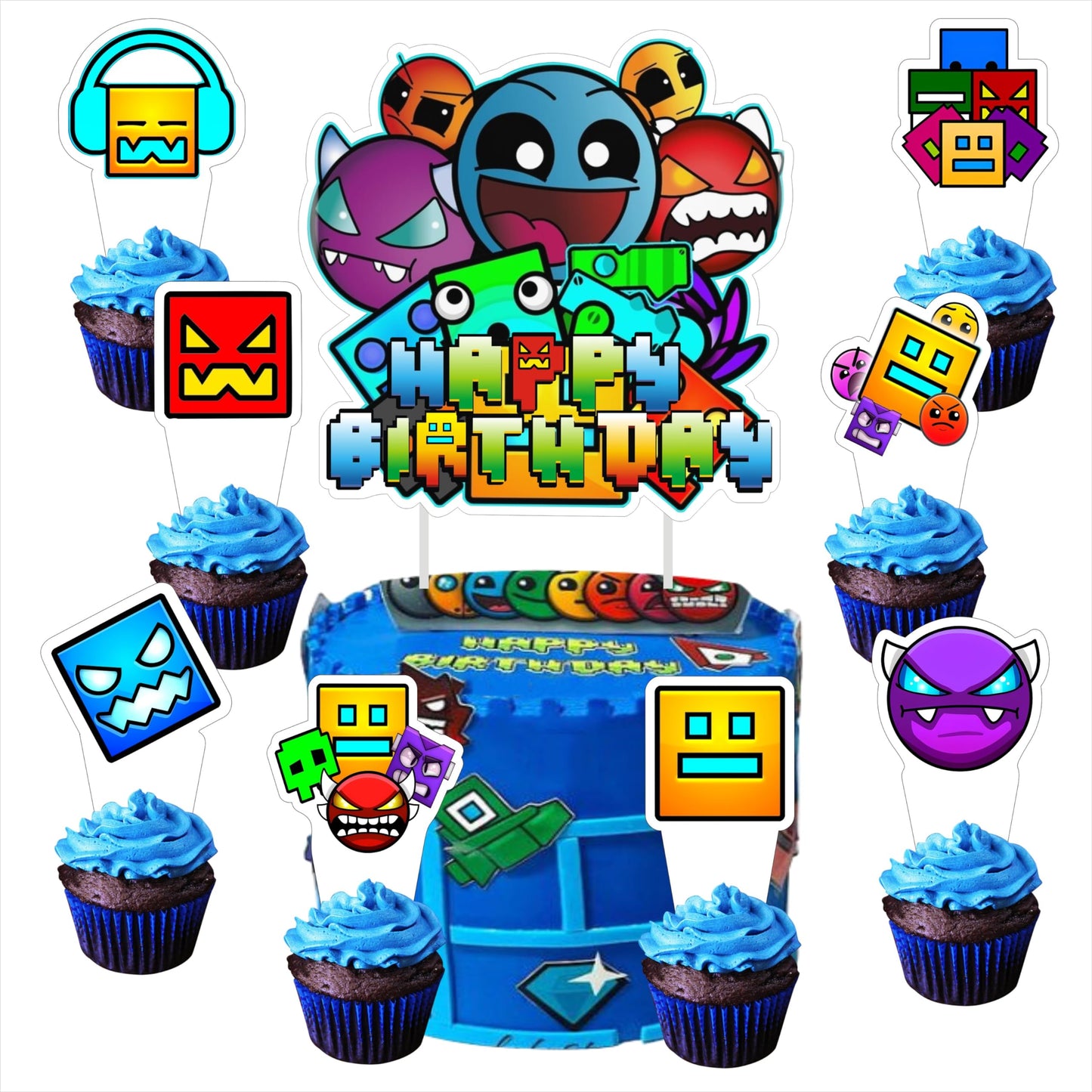 25pcs Cartoon For Geometry Aesthetic Dash Birthday Decorations with 24pcs Cupcake Toppers, 1pcs Cake Topper for Birthday Party Supplies.