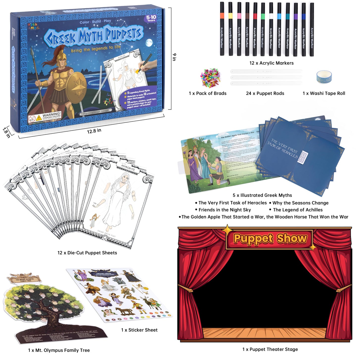 Greek Myths DIY Craft Kit for Kids Ages 5-10, Articulated Paper Puppets to Color, Build & Play, Bring Ancient Legends to Life, Fun Educational Gift