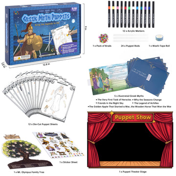 Greek Myths DIY Craft Kit for Kids Ages 5-10, Articulated Paper Puppets to Color, Build & Play, Bring Ancient Legends to Life, Fun Educational Gift