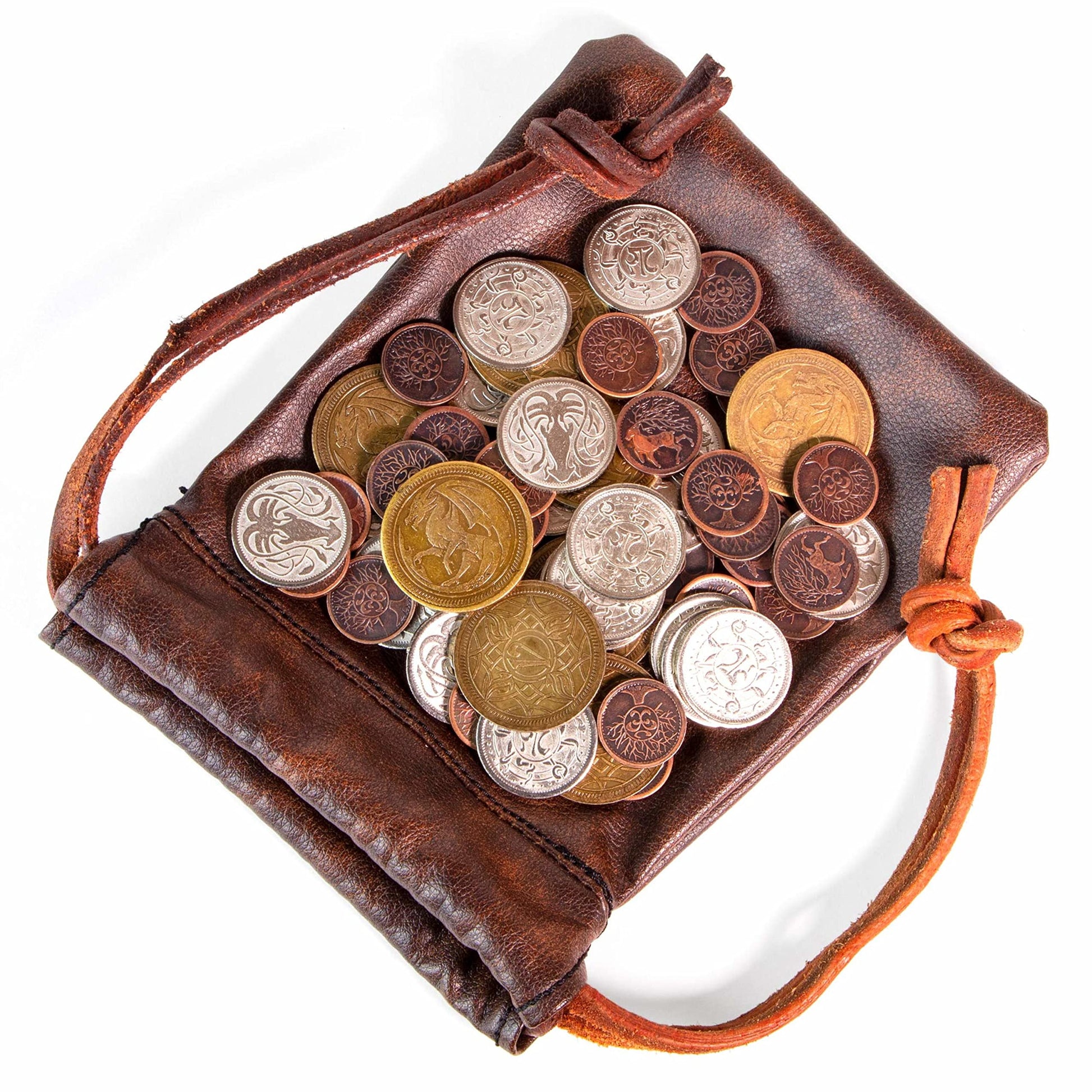 The Dragon's Hoard: 60 Real Metal Fantasy Coins with Leather Pouch | Board Game Accessory for Tabletop RPG Role-Play Strategy Games | Bronze, Silver