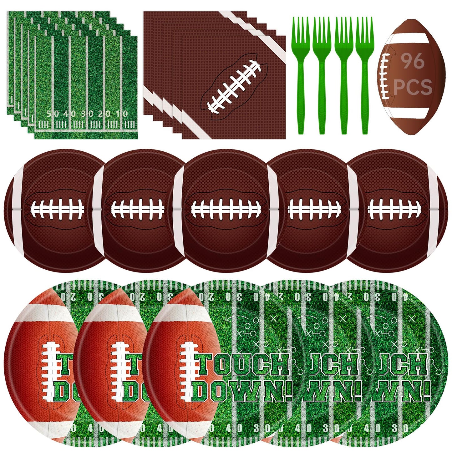 96 Pcs Football Plates and Napkins Forks Sets - Rugby Sports Themed Round Tableware, Disposable Touch Down Paper Plates Napkins Set for Football Game
