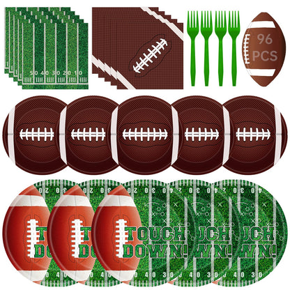 96 Pcs Football Plates and Napkins Forks Sets - Rugby Sports Themed Round Tableware, Disposable Touch Down Paper Plates Napkins Set for Football Game