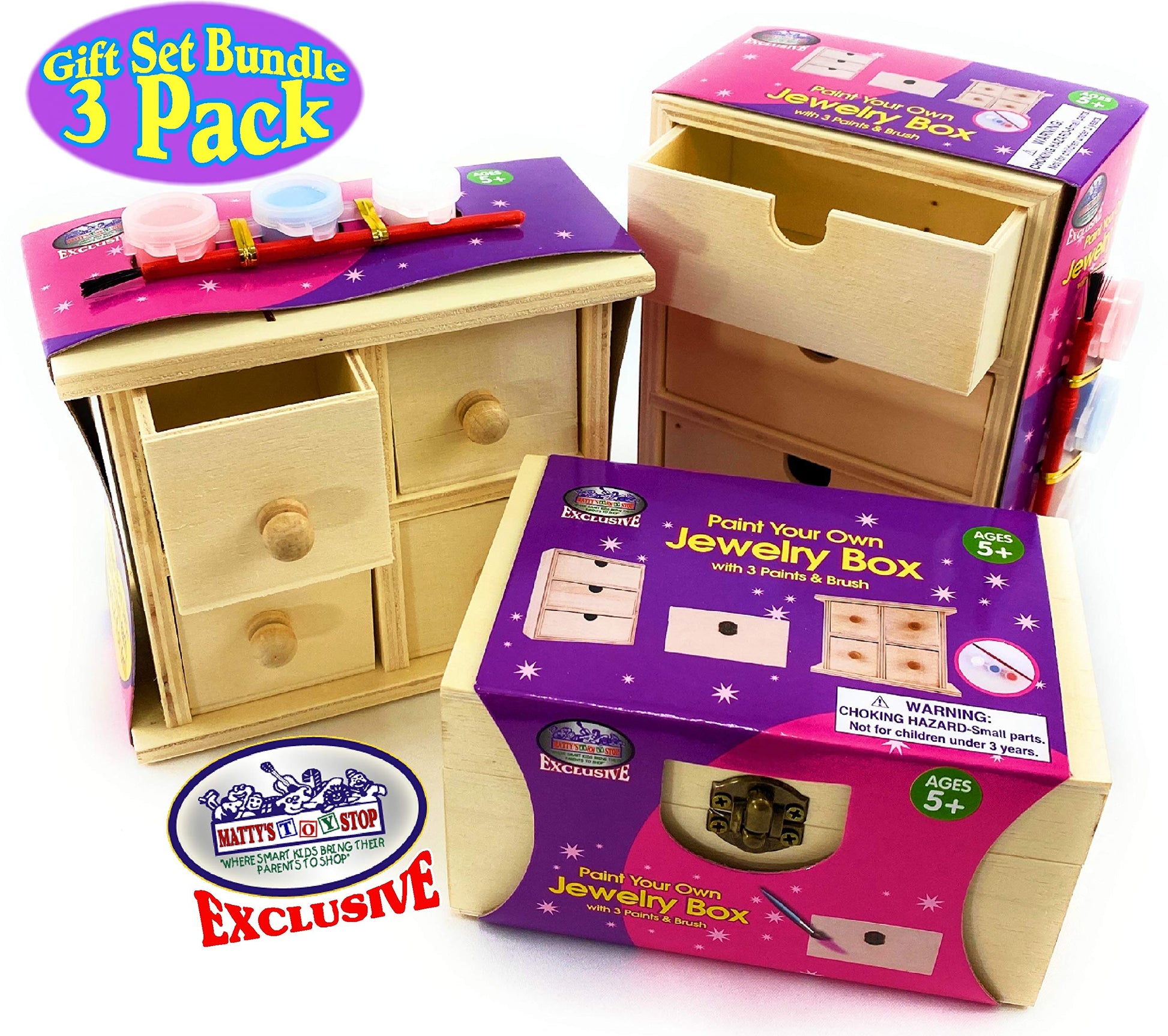 Matty's Toy Stop Design & Paint Your Own Wooden Jewelry Box Set with Mirror Jewelry Box, 3 Drawer Dresser, 4 Drawer Dresser, 3 Brushes & 9 Paints (3