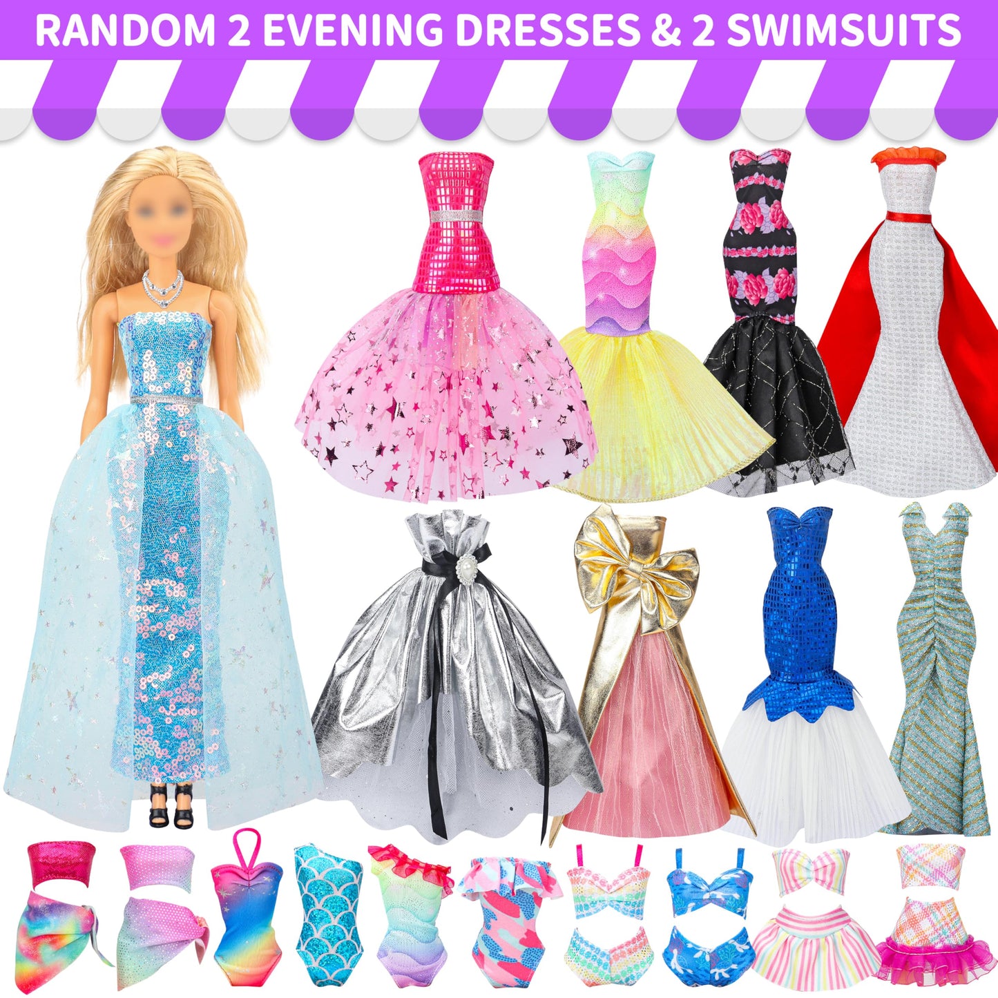 Style Shine 90 Pcs Doll Clothes and Accessories,2 Wedding Gowns 2 Evening Dresses 6 Fashion Dresses 4 Set Casual Outfit Top and Pant 2 Swimsuit,20