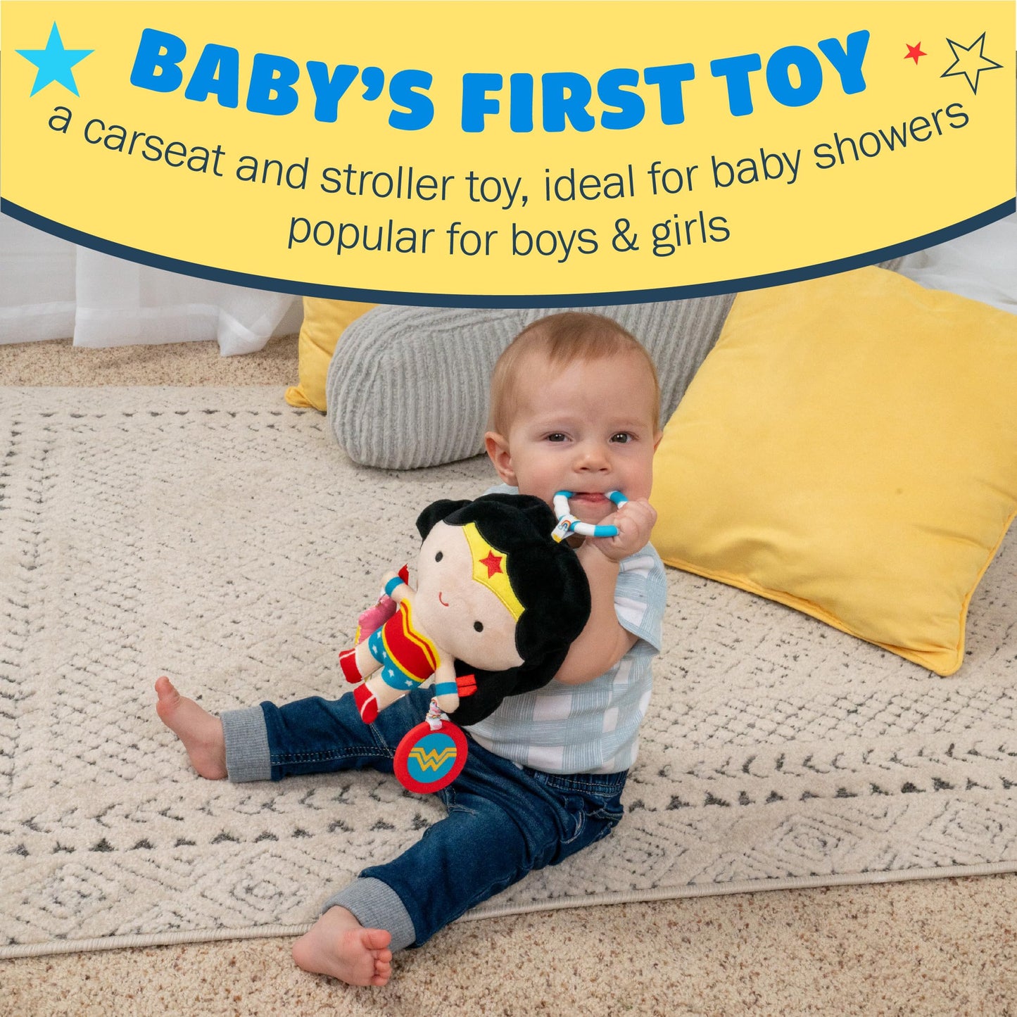 Kids Preferred DC Comics Wonder Woman Multi Sensory Activity Toy with Teethers, Crinkle Textures, and Clip for On The Go Fun for Infant and Baby Boys