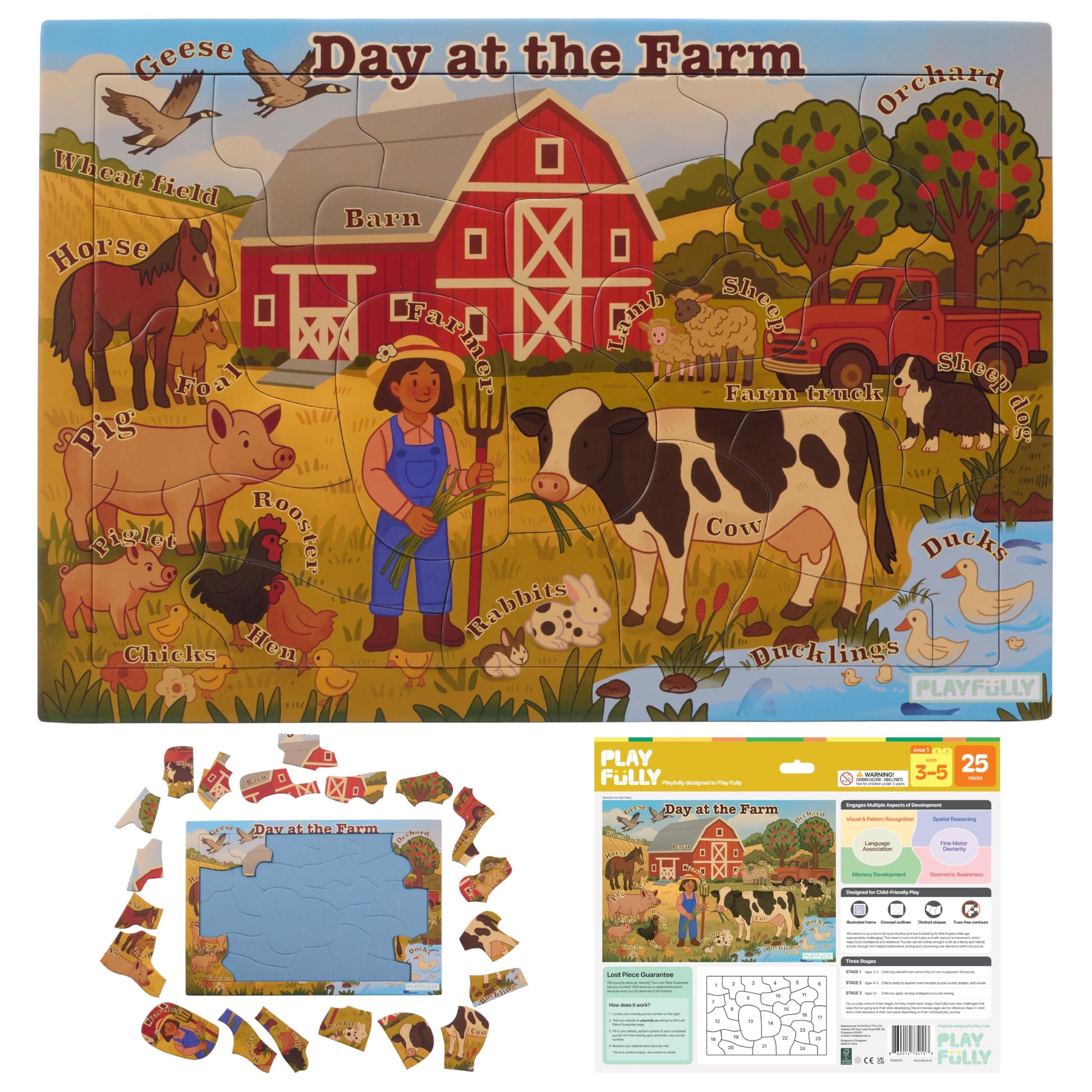 Play Fully ‘Day at the Farm’ 25 Piece Puzzle with Frame for Kids Ages 3-5 | Lost Piece Guarantee | Unique Shapes | Child-Centric Design | Educational