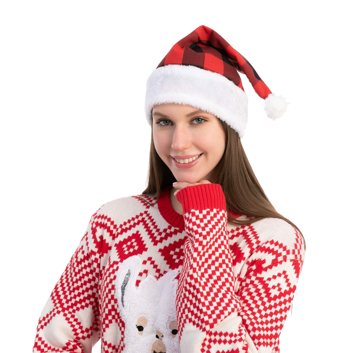 JOYIN 6 Pack Christmas Santa Hat Plaid Santa Hat Luxury Plush Hat for Christmas Costume, Christmas Party Supplies, Holiday Party Favors