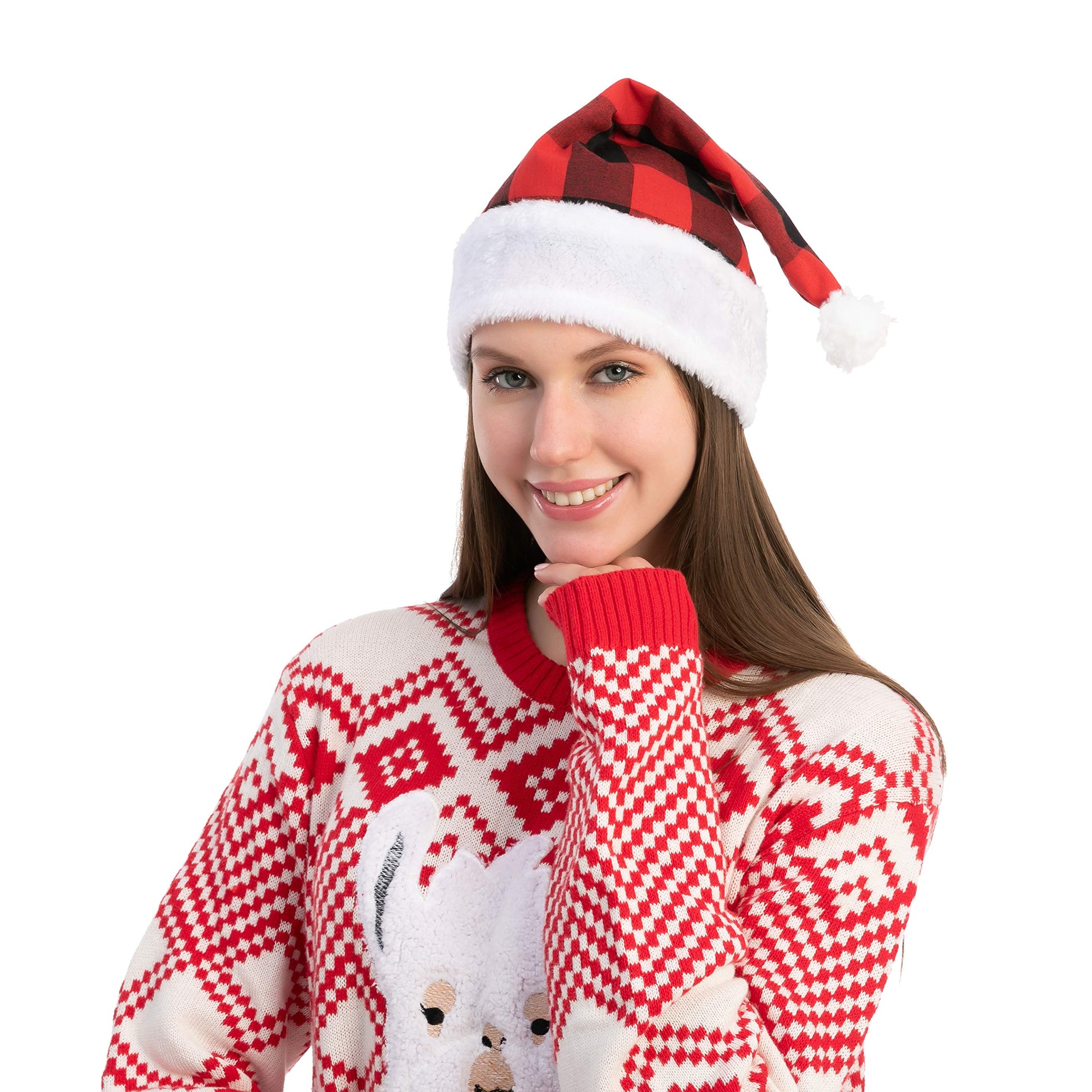 JOYIN 6 Pack Christmas Santa Hat Plaid Santa Hat Luxury Plush Hat for Christmas Costume, Christmas Party Supplies, Holiday Party Favors