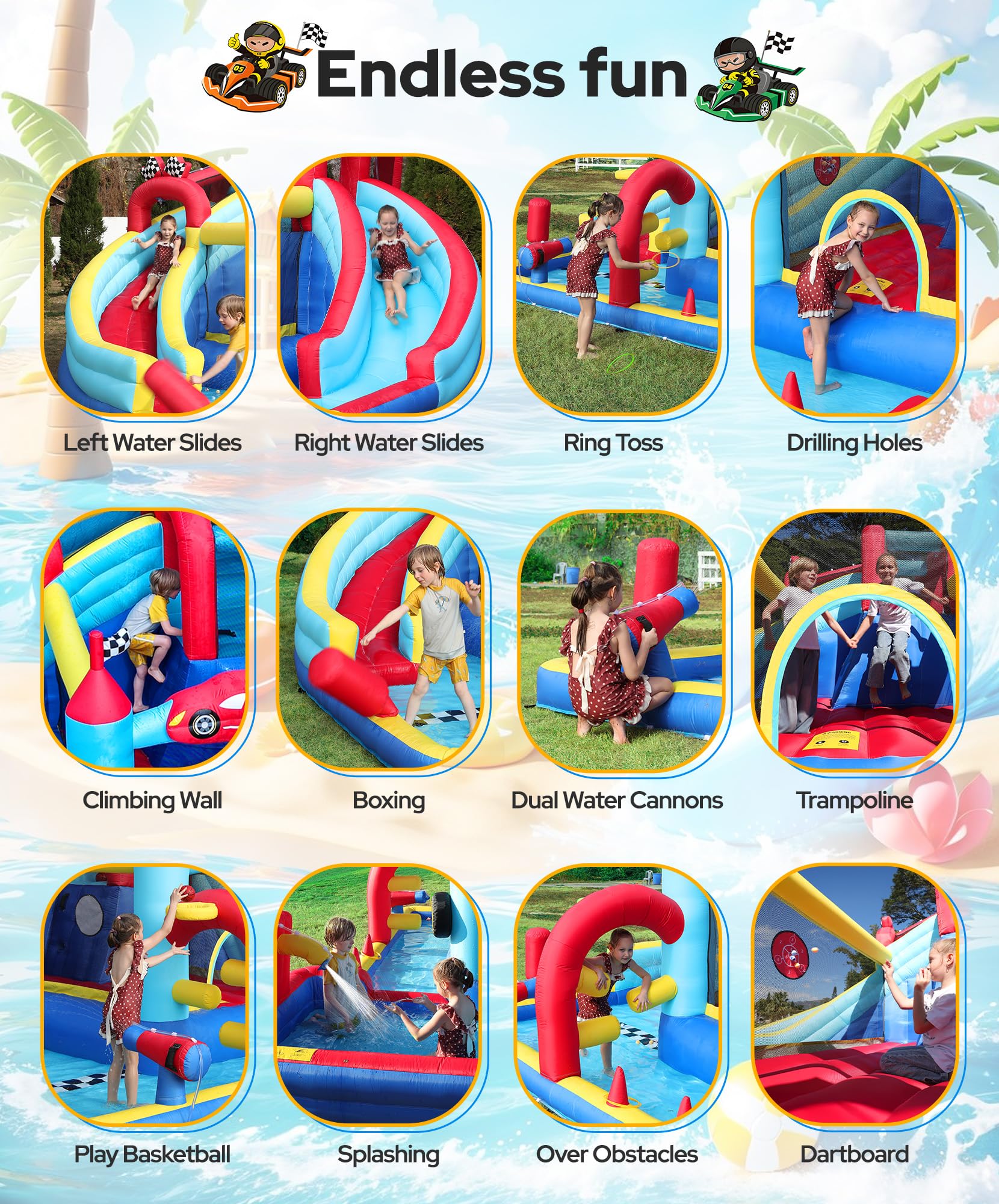 ELEMARA Speed Racer 15-in-1 Inflatable Water Slide Bounce House for Big Kids, 191x175in Double Slide Water Park w/Climbing Wall, Splash Pool,Water