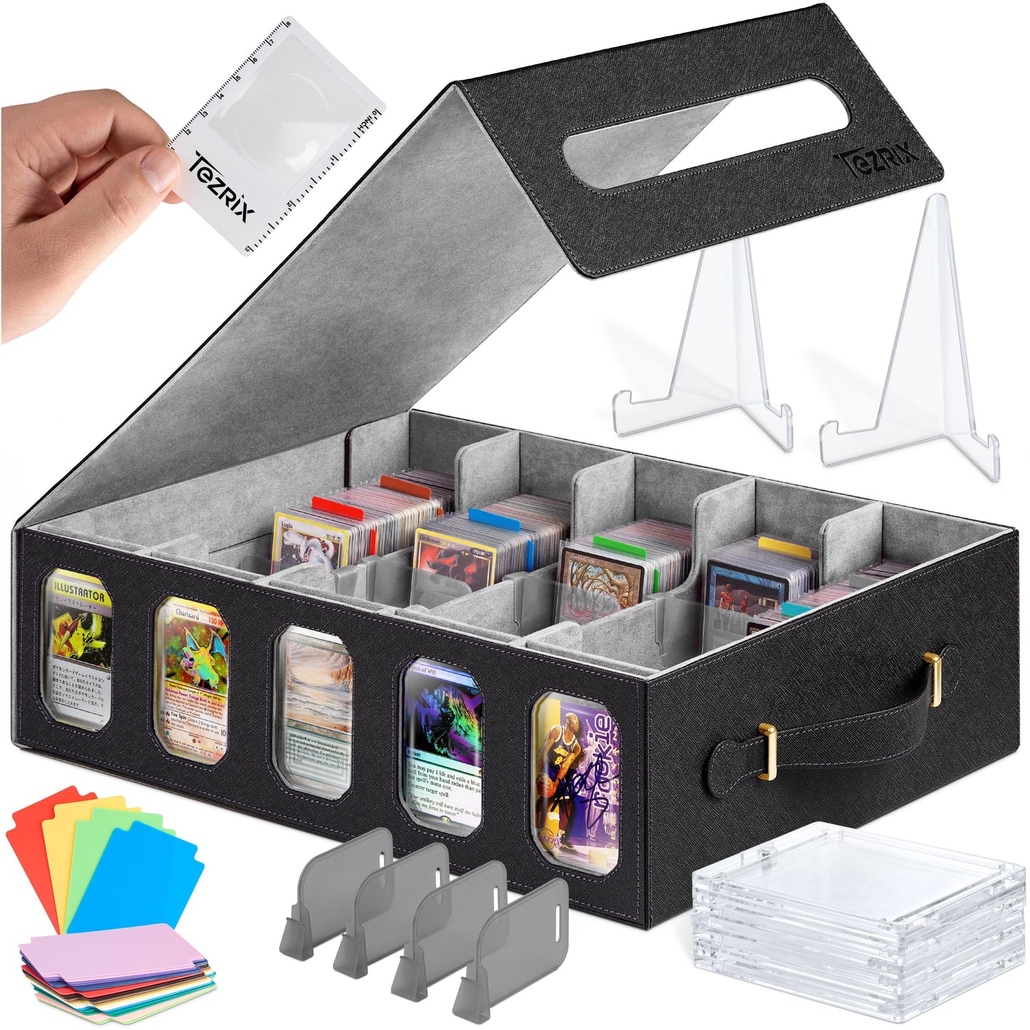 TEZRIX 5-row Trading Card Storage Box with Display Windows | Magnifier Ruler, 2 Display Stands, 7 Cardholders & 24 Category Tabs Included | 3900+ Card