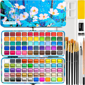 ARTISTRO 100 Color Watercolor Paint Set - Portable Paint Art Kit in Blue Floral Metal Case with Palette and Brush Pens - Travel Water Color Set