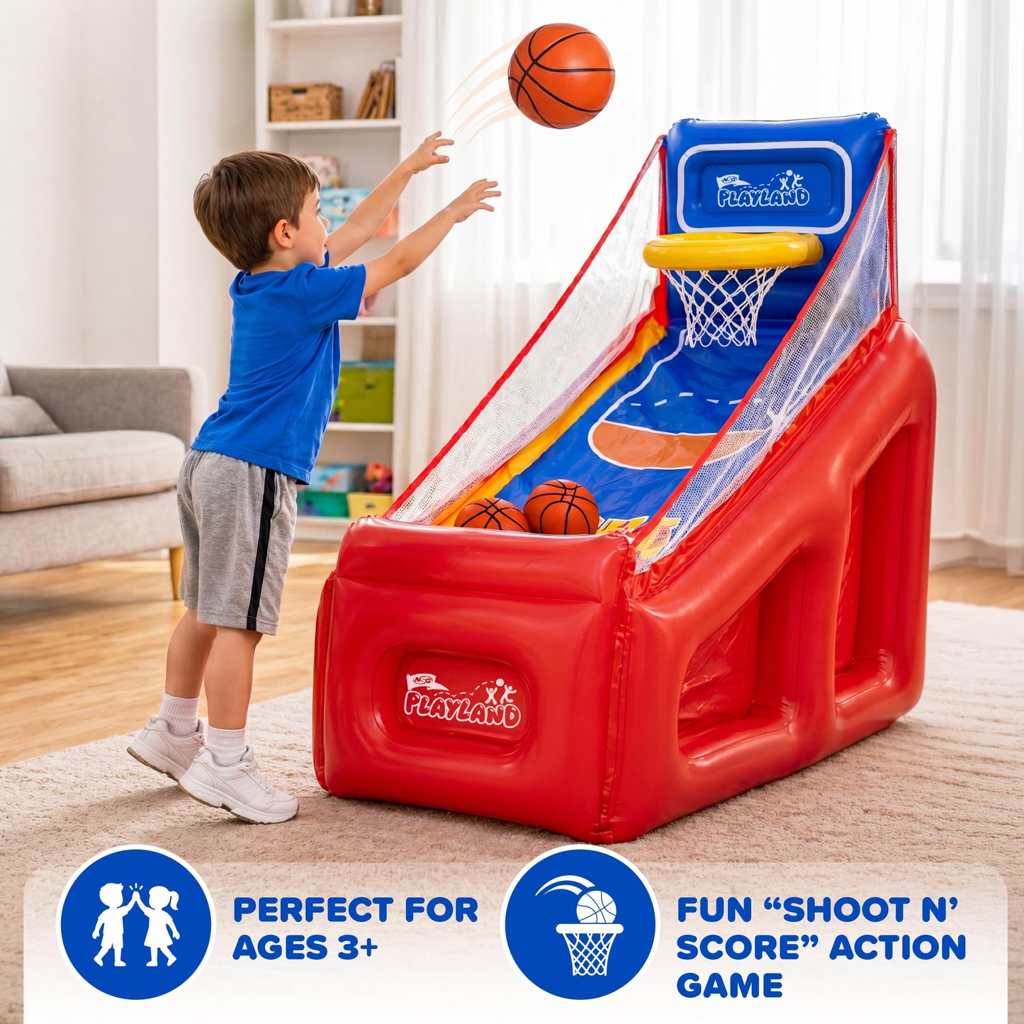 NSG PlayLand Shoot 'N' Score Inflatable Basketball Game for Kids Ages 3+ | Indoor & Outdoor Arcade Basketball Set with Hoop, 3 Balls & Pumps | Family