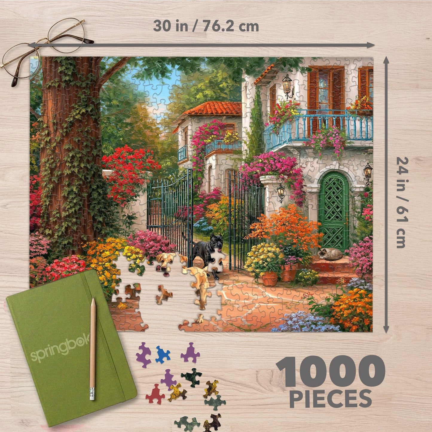 Springbok Garden Gate Welcome 1000 Piece Jigsaw Puzzle for Adults - Mediterranean Villa & Blooming Garden Scene - Poster Included - Unique Cut Pieces