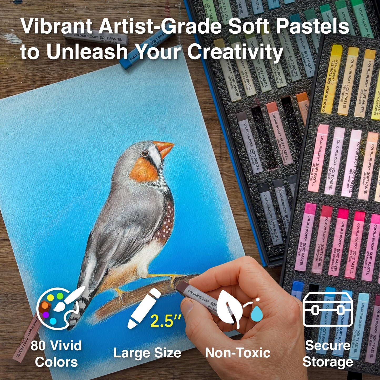 COLOUR BLOCK Soft Pastels for Artists - 80 Colors Square Chalk Soft Pastels Art Set in CARBON Box - Vibrant Pigments Art Kit for Painting, Drawing