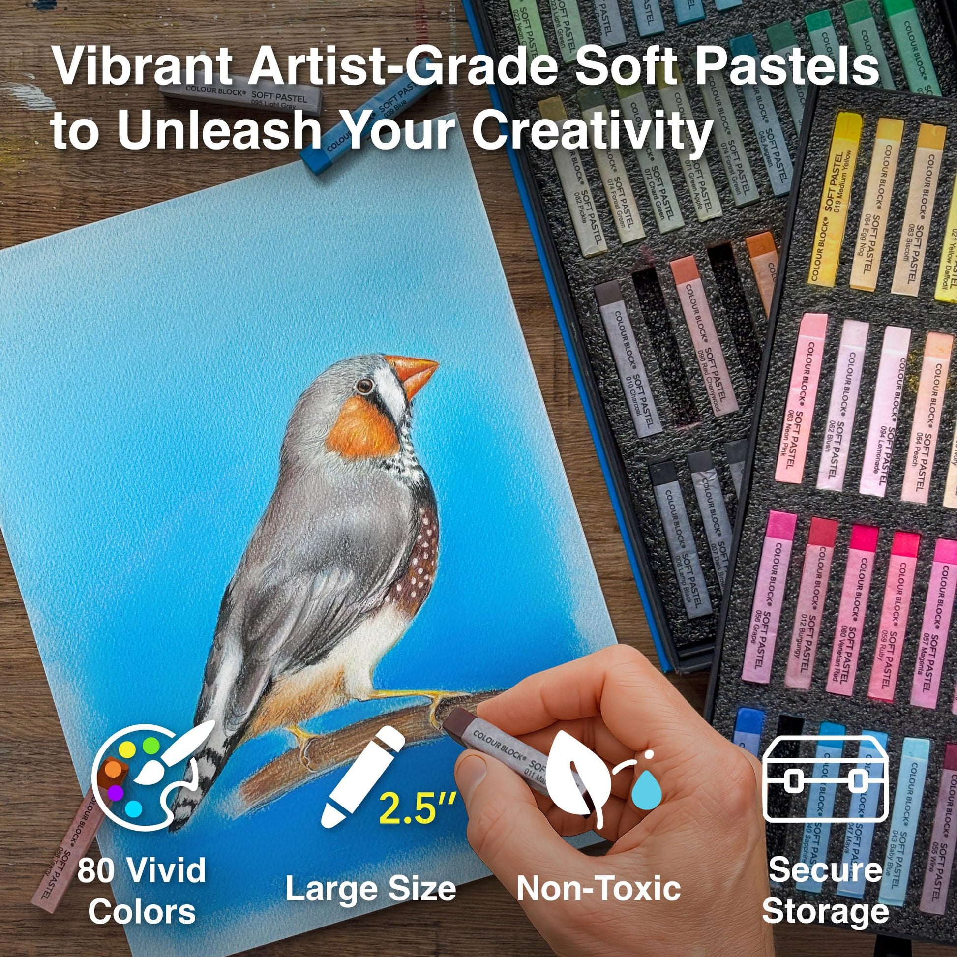 COLOUR BLOCK Soft Pastels for Artists - 80 Colors Square Chalk Soft Pastels Art Set in CARBON Box - Vibrant Pigments Art Kit for Painting, Drawing