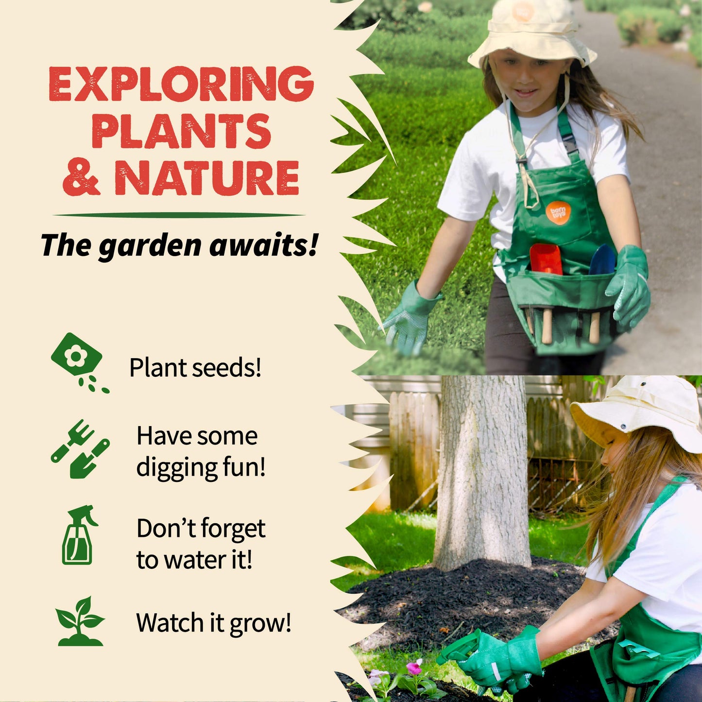Born Toys Gardener Costume Kids Outfit with Toddler Gardening Tools, 3+