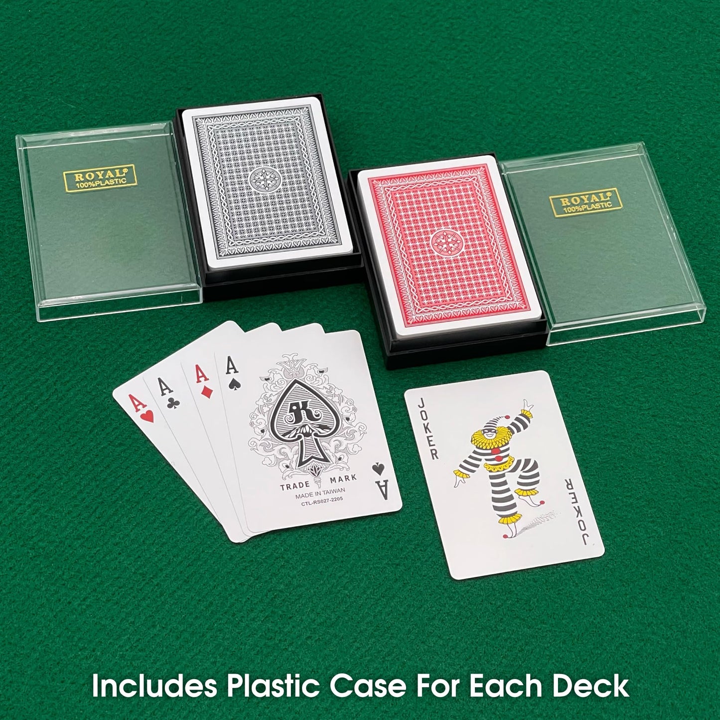 CHH Royal 100% Plastic Standard Poker Size Playing Cards - 3.5" x 2.5" with Protective Cases - Durable and Washable - Professional Casino Size - 12