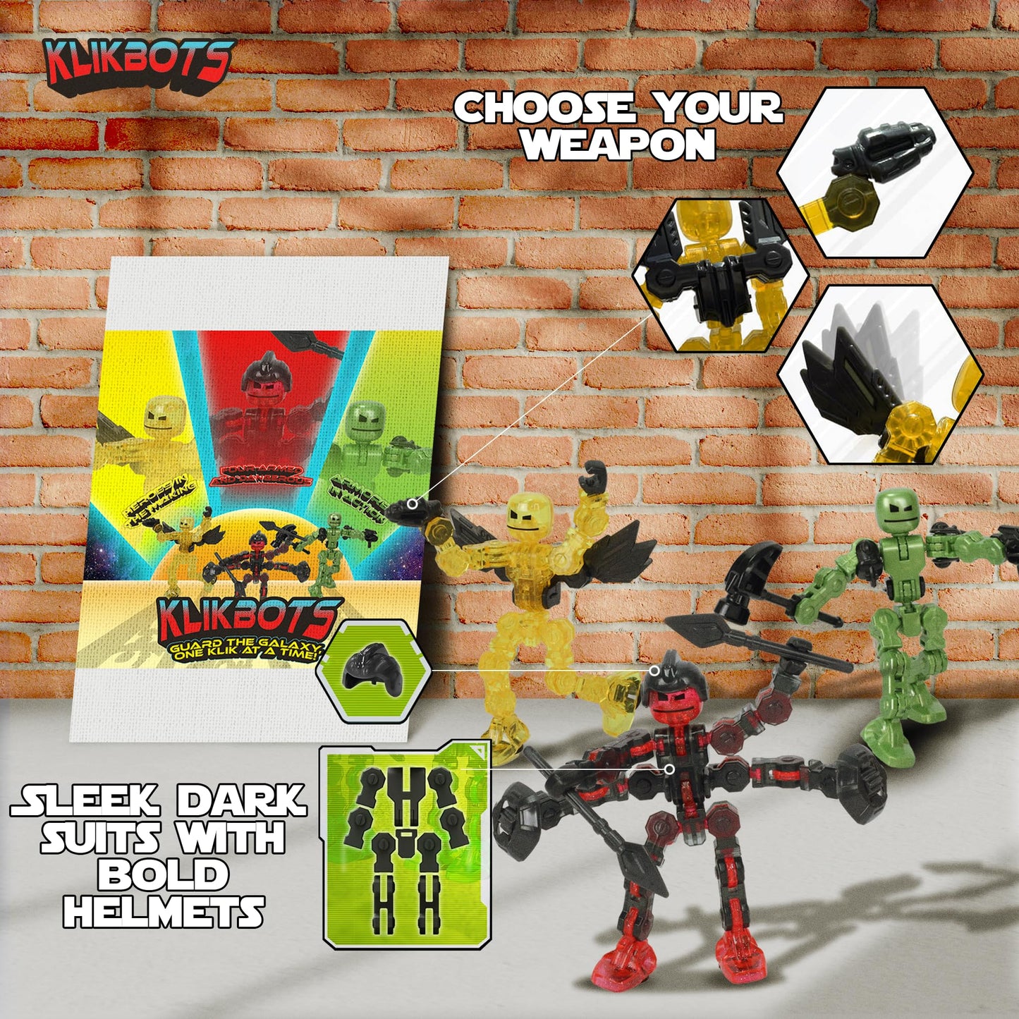 Zing Klikbot Galaxy Pack, Set of 3 Poseable Action Figures with Weapons, Includes 1 Hero (Ice), 1 Villain (Maze) and 1 Guardian (Scorpion), Stop