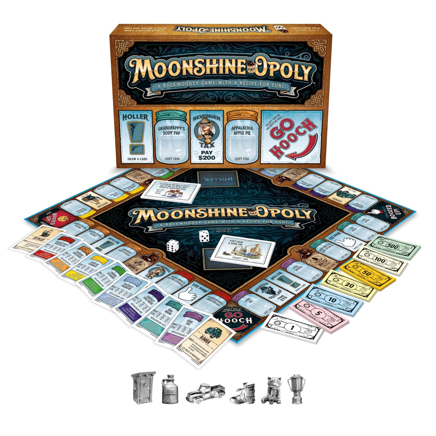 Late for The Sky Moonshine-OPOLY Board Game for Adults, Party Property Trading Game, 2-6 Players, Opoly Drinking Theme, Fast 1-Hour or Classic Play