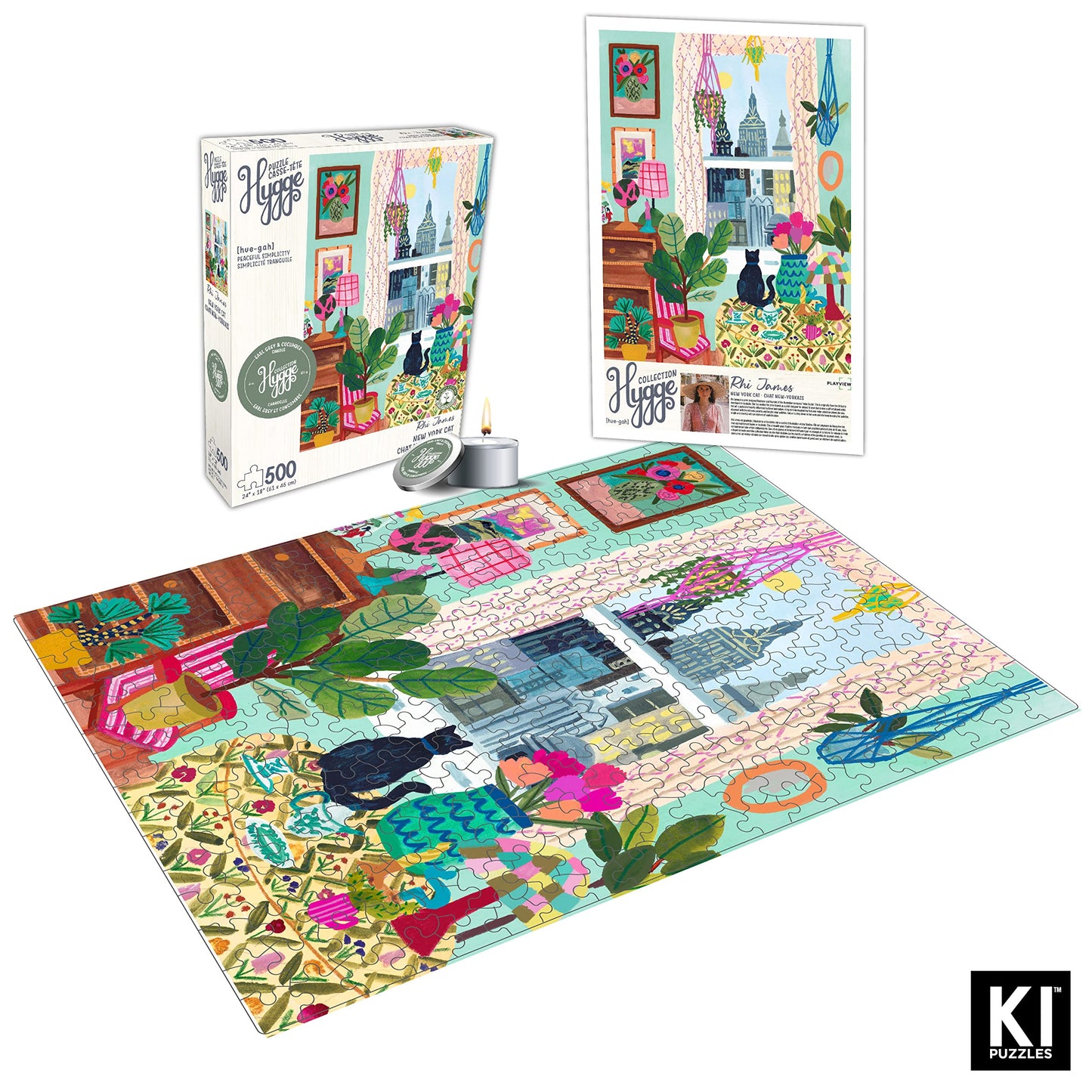 500 Piece Puzzle for Adults Hygge Collection Cat in Window Rhi James Blueboard Jigsaw and Candle by KI Puzzles