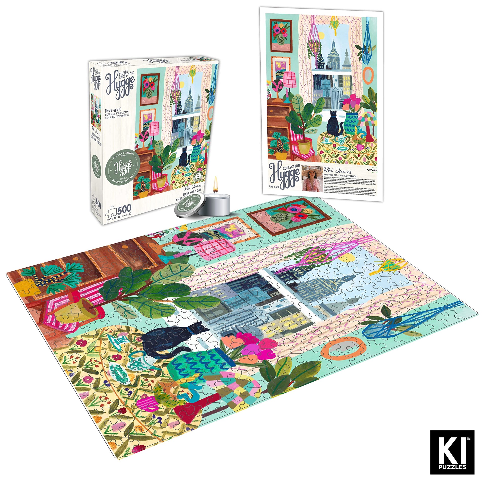 500 Piece Puzzle for Adults Hygge Collection Cat in Window Rhi James Blueboard Jigsaw and Candle by KI Puzzles
