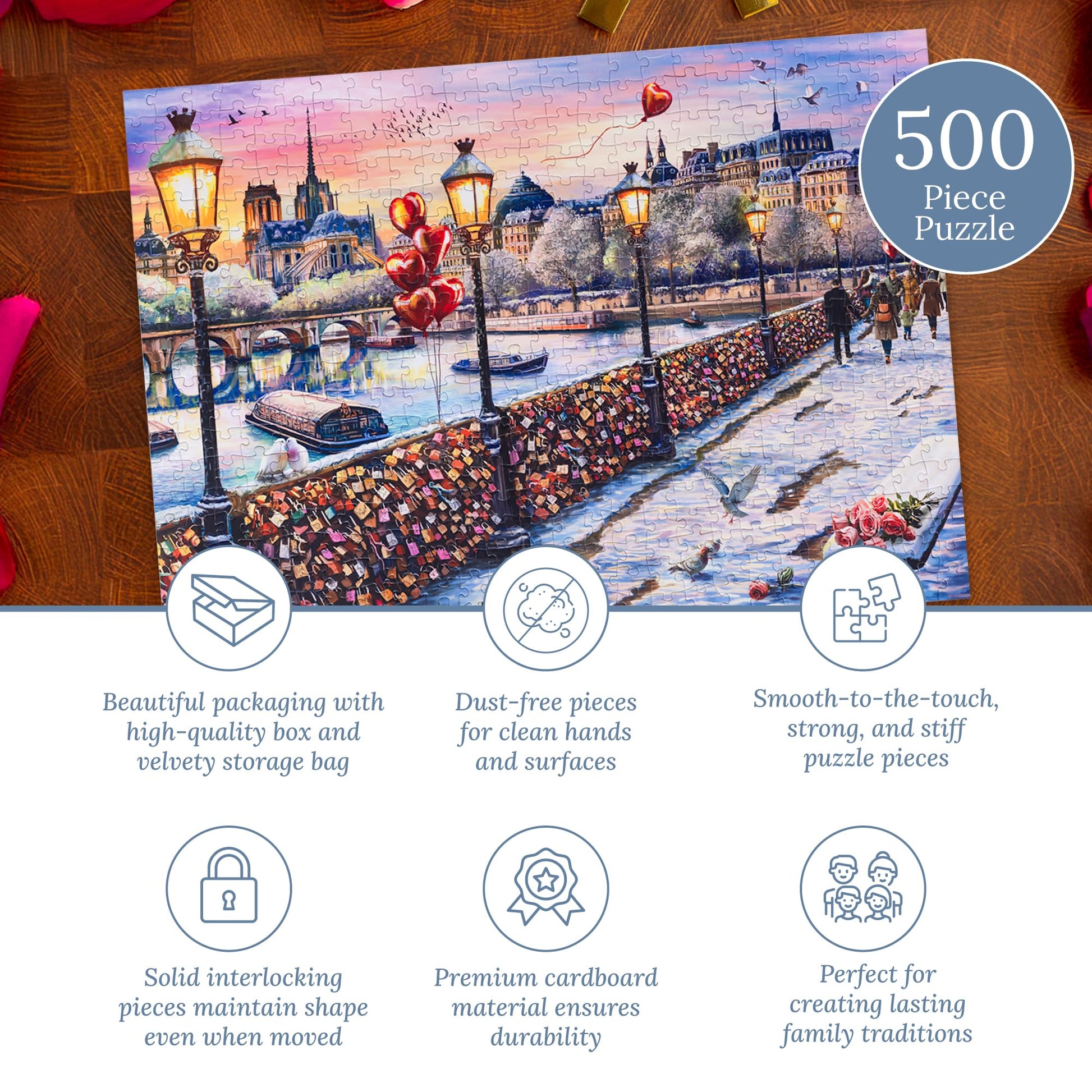 MOSAIC PUZZLES Lovers' Bridge, Paris - Christmas Puzzles for Adults - Premium Jigsaw Puzzles, 500 Pieces