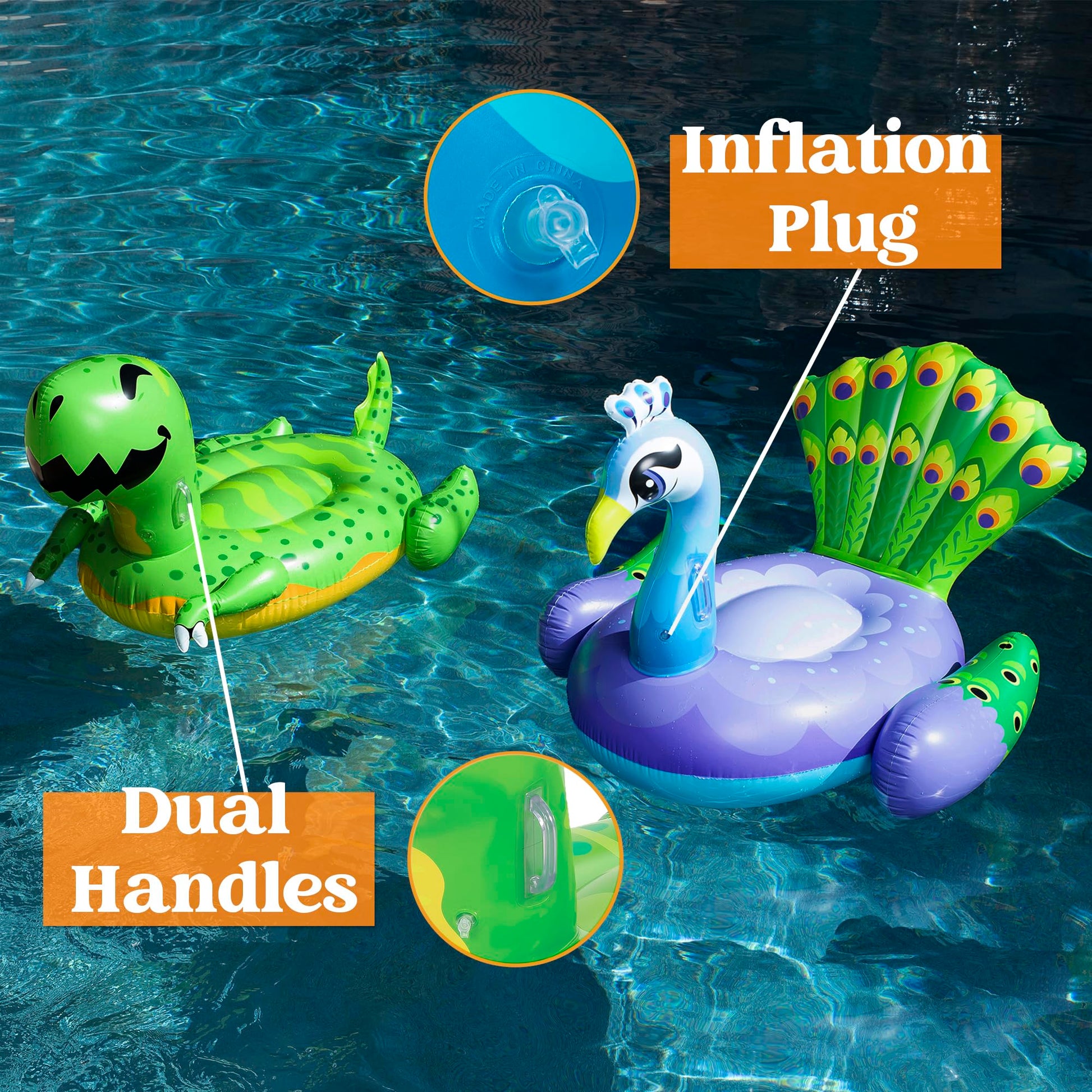 Sloosh 2-Pack Inflatable Dinosaur & Peacock Pool Floats Set, Fun Beach Floaties for Swim Party Decorations Toys, Inflatable Island, Summer Pool Raft