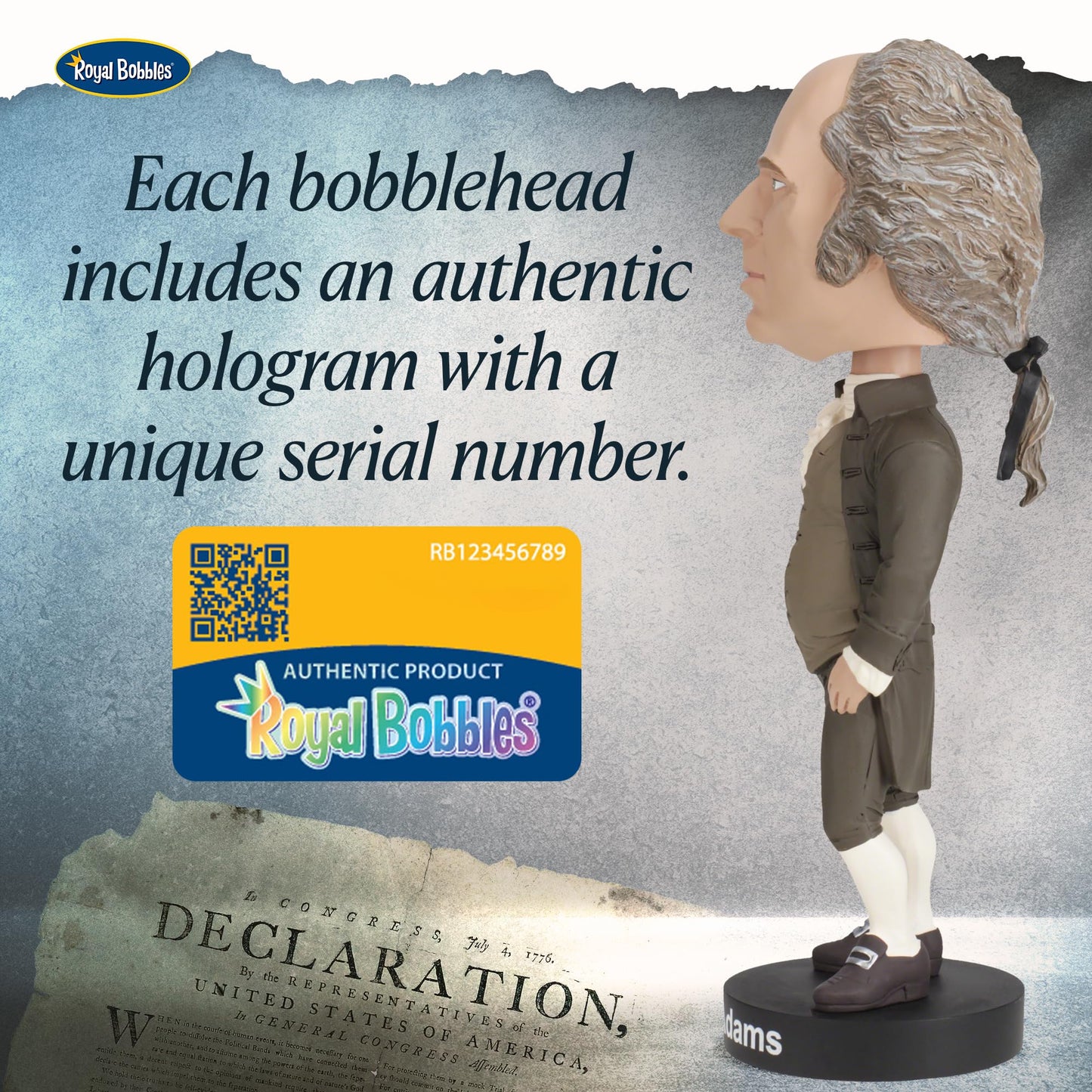 Royal Bobbles John Adams Bobblehead, Premium Polyresin Lifelike Figure, Unique Serial Number, Exquisite Detail
