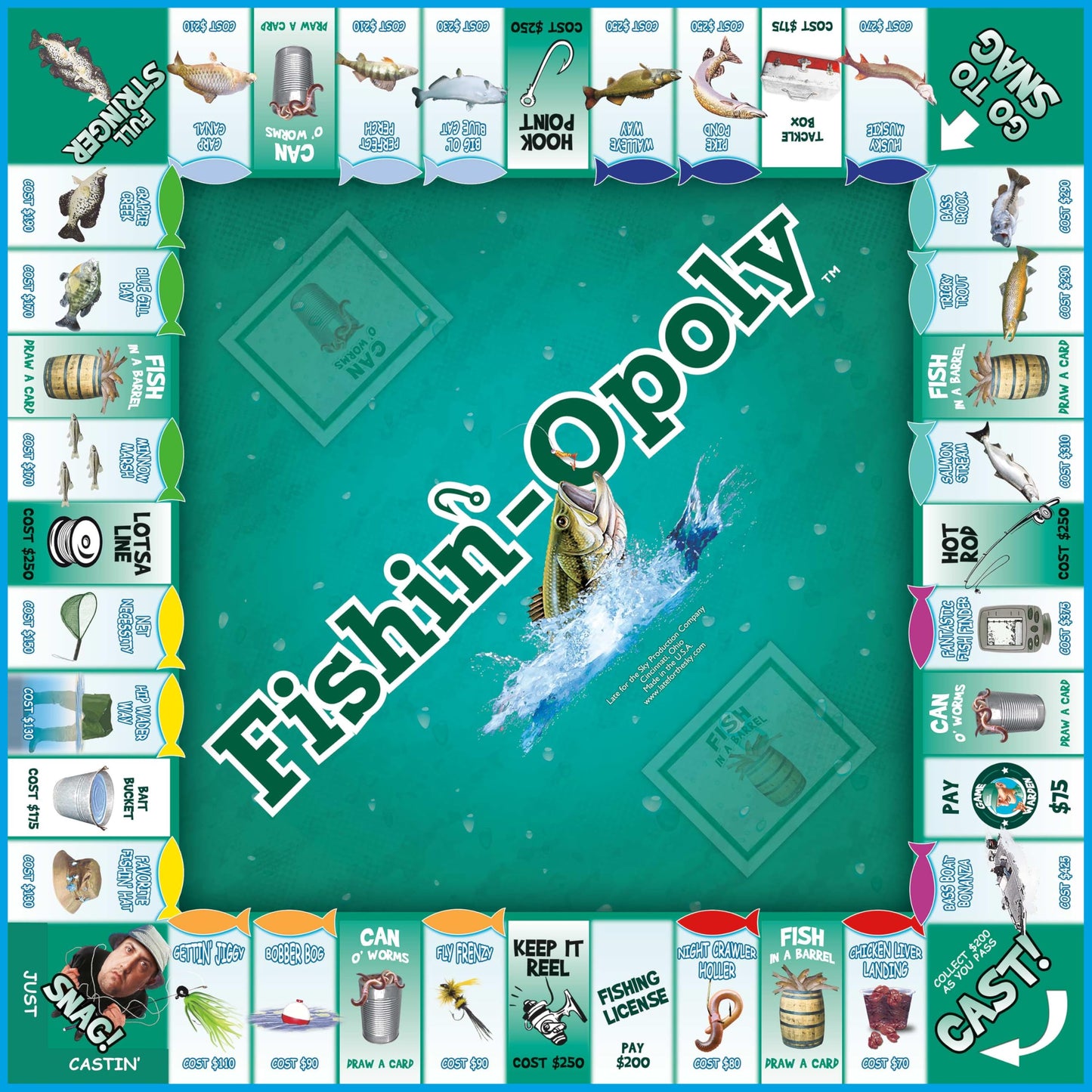 Late for the Sky Fishin'-Opoly Fishing Board Game for Families, 2-6 Players, Ages 8+, Funny Property Trading Strategy Game, Great Gift for Anglers